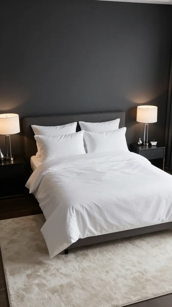 A high-angle, wide shot of a luxurious and modern bedroom, exuding a sophisticated and calm ambiance. The walls are painted in a deep, rich charcoal grey, creating a dramatic, intimate backdrop. A large bed with a clean-lined headboard is centrally positioned, immaculately dressed in crisp, pristine white bedding, including a plush duvet and multiple pillows. On either side of the bed, minimalist nightstands feature sleek, modern lamps with polished chrome bases, casting a soft, inviting glow. Subtle decorative accents, such as a small silver vase or a chrome-finished decorative object, are strategically placed on the nightstands. A large, plush, light-colored (off-white or very light cream) rug extends beneath and around the bed, adding softness and preventing the room from feeling too heavy. The room has a refined, high-end hotel aesthetic.