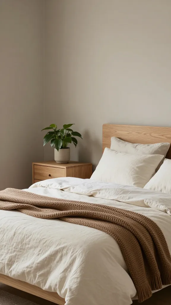 A tranquil bedroom featuring walls painted in a warm, inviting greige shade. The focal point is a bed with a light-toned wooden headboard, dressed in a creamy white linen duvet cover. A soft brown chunky knit throw is casually draped across the foot of the bed. On a matching light-toned wooden nightstand, a leafy green plant in a simple pot adds a subtle touch of pale green. Soft, diffused natural light fills the room, highlighting the natural textures and creating a calm, modern, and effortlessly serene atmosphere. High-resolution, realistic photograph, interior design magazine quality.