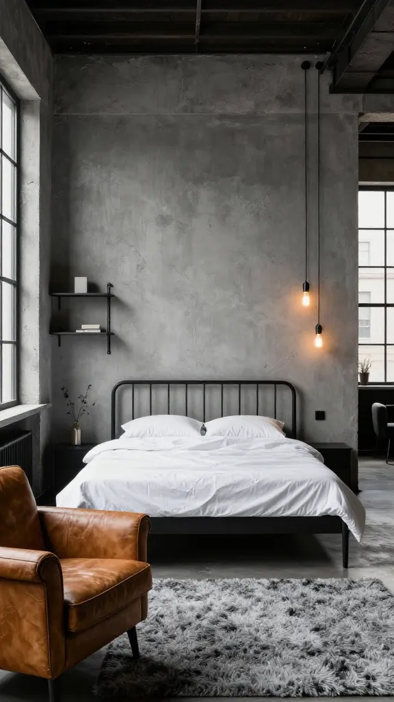A photorealistic, high-resolution interior photograph of an industrial loft bedroom. The main wall, serving as the central backdrop, features a raw, concrete-effect grey finish, exuding urban coolness. Centered against this prominent grey wall is a sleek black metal-frame bed with crisp white linens. Above the bed, several exposed filament lightbulbs hang at varying heights, casting a warm, ambient glow. To the side, minimalist black pipe shelves are mounted directly onto the grey wall, holding a few select, simple decor items. In the foreground, a distressed tan leather armchair introduces warmth and texture, positioned on a thick, chunky grey wool rug with a contrasting texture. Natural light streams in from a large, industrial-style window, illuminating the space. The overall aesthetic is edgy, modern, and high-impact, with no text.