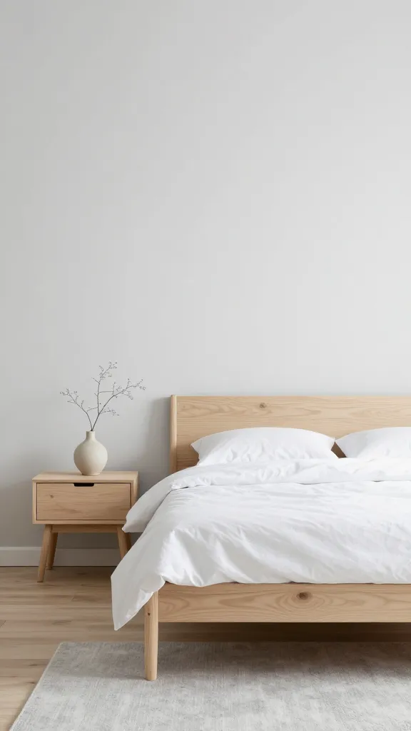 A high-quality, realistic professional interior design photograph of a serene Scandinavian bedroom. The main wall is painted in a very pale, almost white Nordic grey, creating a bright and airy foundation. A clean-lined bed frame crafted from light birch wood is centered against this wall, adorned with crisp white bedding. A simple, light grey wool rug subtly textures the light wood floor, extending partially under the bed. On a minimalist light wood nightstand, a single, carefully chosen decorative item – perhaps a small, unglazed ceramic vase with a single delicate branch – adds a touch of organic simplicity. Soft, natural light streams into the uncluttered space, emphasizing the calm, functional aesthetic. No text on images.
