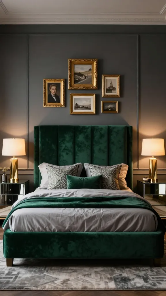 A luxurious Art Deco bedroom interior. The walls are painted a rich, deep slate grey, creating a sophisticated and slightly mysterious ambiance. A grand bed is centered, featuring a plush emerald green velvet headboard that reaches high, exuding opulence. Mirrored nightstands flank the bed, each topped with a sleek, geometric gold lamp emitting a warm glow. Above the headboard, a curated arrangement of intricate gold picture frames adds to the vintage luxury. Subtle geometric patterns are visible on throw pillows or a decorative rug. The room is bathed in soft, warm light, captured in a realistic, high-quality photograph with an interior design magazine aesthetic.