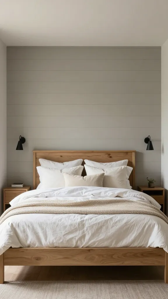 A high-quality, realistic photograph of a modern farmhouse bedroom, centered on a substantial, light-toned wooden bed frame. The wall behind the bed features a prominent shiplap accent, painted in a warm greige-leaning grey, which extends seamlessly to the adjacent walls. The bed is impeccably dressed with layers of cozy, textured bedding in varying shades of white and cream, including a plush duvet, a chunky knit throw, and an assortment of soft pillows. On either side of the bed, sleek black metal lighting fixtures (e.g., sconces or pendant lights) are mounted, providing a contemporary contrast. The overall ambiance is one of serene comfort and modern sophistication, with natural light subtly illuminating the room. No text.