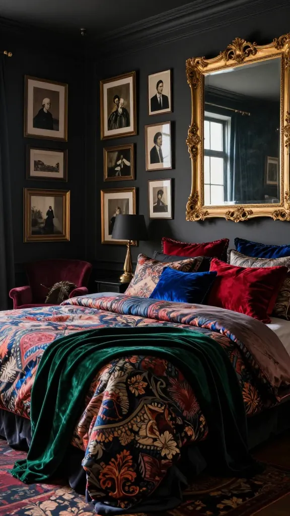 A high-quality, realistic photo of a luxurious, moody maximalist bedroom. The walls are painted a deep, stormy, almost black grey, creating an incredibly rich and enveloping atmosphere. A large, inviting bed is piled high with an abundance of layered bedding, featuring a sophisticated mix of intricate patterns like damask, subtle florals, and geometric designs in rich, complementary colors. Several jewel-toned velvet throws (emerald green, sapphire blue, ruby red) are artfully draped over the bed and a nearby plush armchair. On one of the prominent grey walls, a dense, eclectic gallery wall bursts with framed art of various sizes and styles, some with ornate gold frames. A large, ornate gold-framed mirror serves as a dramatic statement piece, reflecting the room's lavish details. The lighting is soft and ambient, highlighting the textures and rich colors. The overall impression is bold, expressive, and deeply luxurious.
