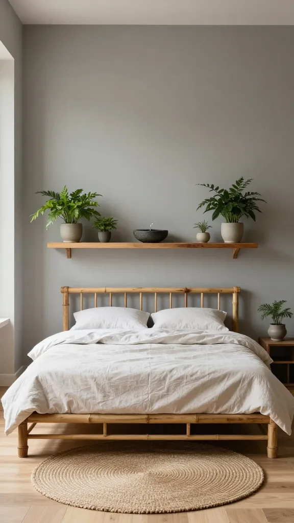 A serene Zen retreat bedroom featuring warm, soft pebble grey walls that create a grounding backdrop. A low-profile bamboo bed frame is centrally placed, adorned with crisp, unbleached linen bedding. A simple round jute rug lies on light wood flooring. Above a minimalist floating wooden shelf, a small, elegant stone water feature gently trickles, flanked by carefully placed, lush green plants in simple ceramic pots. Natural light softly filters through a window, illuminating the space and enhancing the calm, harmonious atmosphere. High-resolution, realistic interior photography, no text.