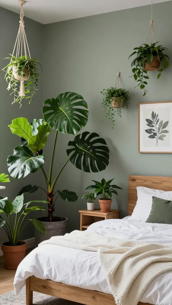 A high-quality, realistic photograph of a calm and modern bedroom designed as an urban jungle oasis. The walls are painted a medium, slightly green-tinted sage grey, providing a serene backdrop. A natural wood bed frame is dressed with crisp white linens and a textured, off-white throw. The room is filled with an abundance of lush houseplants of varying sizes and types; large floor plants like a Monstera and a Fiddle Leaf Fig are strategically placed, smaller potted plants sit on a natural wood bedside table, and several trailing plants cascade from macrame hangers suspended from the ceiling. A framed botanical print in muted tones hangs on the grey wall, subtly enhancing the natural theme. Soft, diffused natural light illuminates the space, creating a tranquil and connected-to-nature atmosphere. No text.