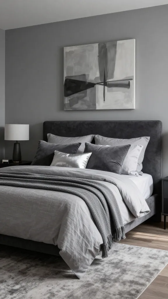A professional, photorealistic interior photograph showcasing a sophisticated monochromatic master bedroom. The walls are painted a versatile medium grey, providing a calm and modern backdrop. The focal point is a luxurious bed featuring a dark charcoal grey upholstered headboard. The bed is impeccably dressed with crisp, lighter grey linen bedding, layered with an artful mix of plush charcoal and shimmering silver throw pillows. A sumptuously ribbed grey throw blanket is draped elegantly at the foot of the bed. On the floor, a large, subtly textured grey area rug anchors the space, adding depth and warmth. Above the headboard, a striking piece of abstract art in varying shades of grey provides refined visual interest. Soft, diffused natural light streams into the room, gently highlighting the tactile textures of the fabrics and materials, creating an atmosphere of serene elegance and subtle sophistication. High resolution, no people, no text.