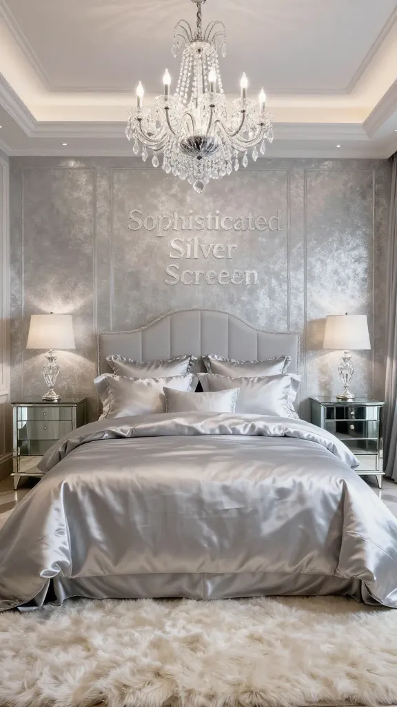 A luxurious master bedroom designed in the 'Sophisticated Silver Screen' style, captured in a high-resolution, realistic photograph. The walls are painted a shimmering, almost metallic silver-grey, creating a bright and opulent backdrop. A grand, king-sized bed dominates the center, dressed in lustrous silver-grey silk bedding and an abundance of plush, oversized pillows. On either side of the bed, sleek mirrored nightstands reflect the room's dazzling light, each topped with a delicate crystal table lamp. A magnificent crystal chandelier hangs elegantly from the ceiling, casting a soft, luxurious glow. The floor is partially covered by a thick, high-pile cream rug, inviting comfort. The room exudes old Hollywood glamour, feeling incredibly luxurious, bright, and full of dramatic sparkle, with every element contributing to an overall sense of dazzling opulence. No text.