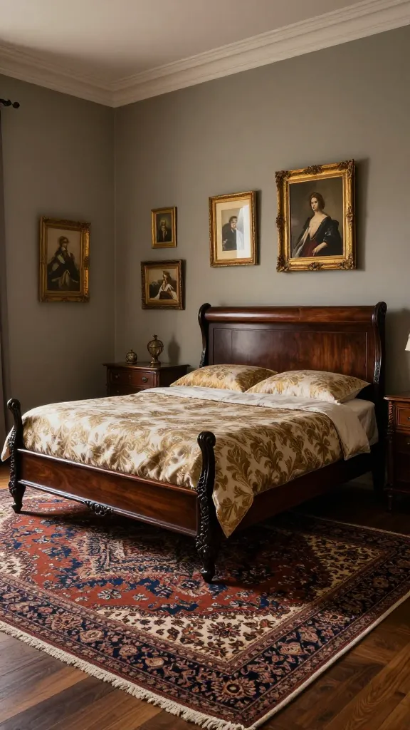A high-quality, realistic eye-level photograph capturing the timeless elegance of a traditional bedroom. The walls are painted a muted, warm stone grey, providing a sophisticated and enduring backdrop. Centered prominently is a substantial, dark wood sleigh bed featuring intricate carvings, dressed in luxurious bedding with a classic damask pattern in muted gold and cream tones. To one side, a dark wood carved dresser complements the bed. The warm grey walls are adorned with several ornate gold and brass picture frames, showcasing classic artwork. A rich, jewel-toned Persian rug with intricate patterns anchors the room, covering a polished dark wood floor. Soft, ambient lighting from a hidden source creates a calm and inviting atmosphere, highlighting the refined textures and historical charm of the space.