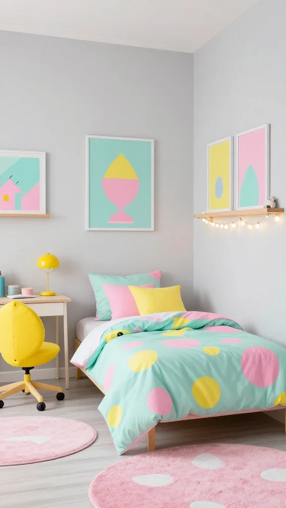 A high-quality, realistic interior photograph of a cheerful and energetic kid's bedroom, designed with a modern kidcore aesthetic. The walls are painted in a very light, almost white cloud grey, providing a fantastic neutral and calm base. A single bed is adorned with vibrant pastel bedding, featuring a playful mix of mint green, bubblegum pink, and lemon yellow in geometric shapes and fun patterns. Above the bed, a collection of playful wall art in matching pastel hues adds to the youthful energy. Quirky accessories, such as a cheerful lemon-yellow desk chair and a bubblegum-pink accent rug, are scattered around the room. A delicate string of warm fairy lights drapes across a shelf or headboard, casting a soft glow. The room is brightly lit with natural light, showcasing the vibrant colors against the subtle grey walls, creating an inviting and modern space with a youthful, energetic vibe.