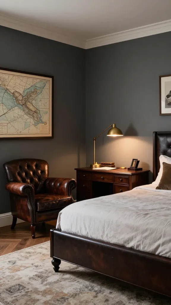 A high-quality, realistic photo of a refined gentleman's study bedroom. The walls are painted a deep, authoritative graphite grey, creating a sophisticated backdrop. A substantial bed with a dark leather headboard is the focal point. Adjacent to it, a dark wood desk is thoughtfully arranged with a classic Chesterfield armchair upholstered in rich, dark brown leather. The room's decor includes framed antique maps subtly displayed on the walls and a bookcase brimming with leather-bound books. Warm brass lighting fixtures, such as a desk lamp and a standing floor lamp, emit a gentle, inviting glow. The overall ambiance is classically masculine, encouraging contemplation in a distinguished and calm setting. Shot with a wide-angle lens, natural light filtering softly.