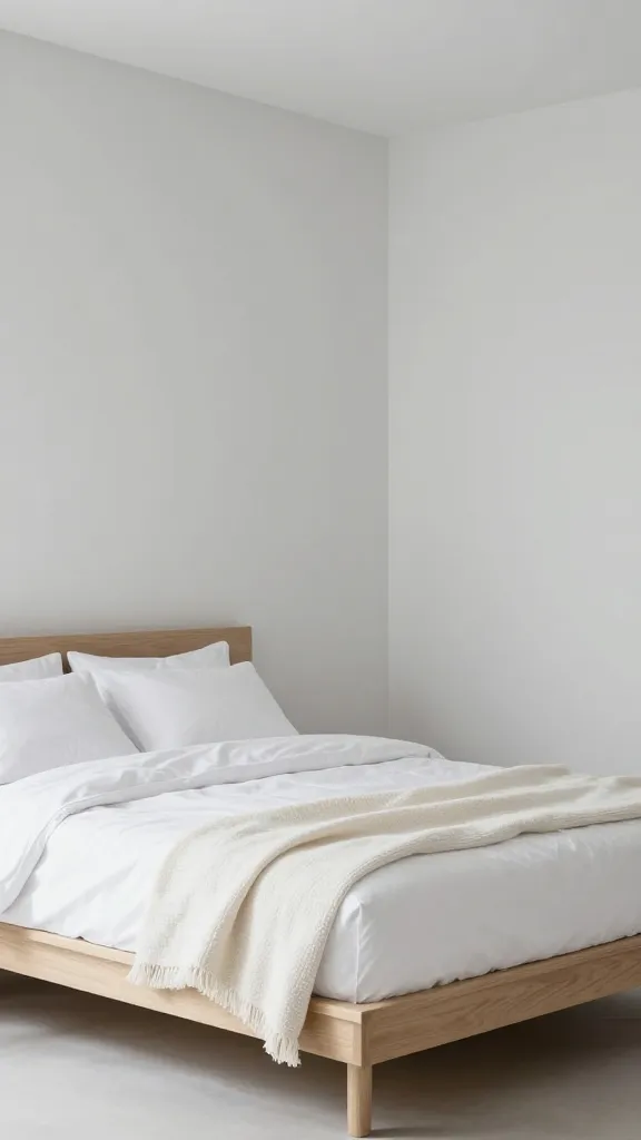 A high-quality, realistic photograph of a minimalist bedroom bathed in soft, natural light. The walls are painted an incredibly pale, almost imperceptible ghost grey, providing a subtle warmth that is less stark than pure white, maintaining a clean aesthetic. The focal point is a low-profile bed with a simple, clean-lined frame made of light, natural wood. The bed is impeccably dressed with crisp white bedding, including a duvet and two pillows. A single, subtly textured off-white woven throw is elegantly draped over the foot of the bed, adding a touch of understated texture. The room is uncluttered, with minimal furniture beyond the bed, emphasizing empty space and clean lines. The overall atmosphere is one of serene simplicity, calm, and modern elegance. Shot with a wide aperture to create a sense of depth, showcasing the spaciousness.