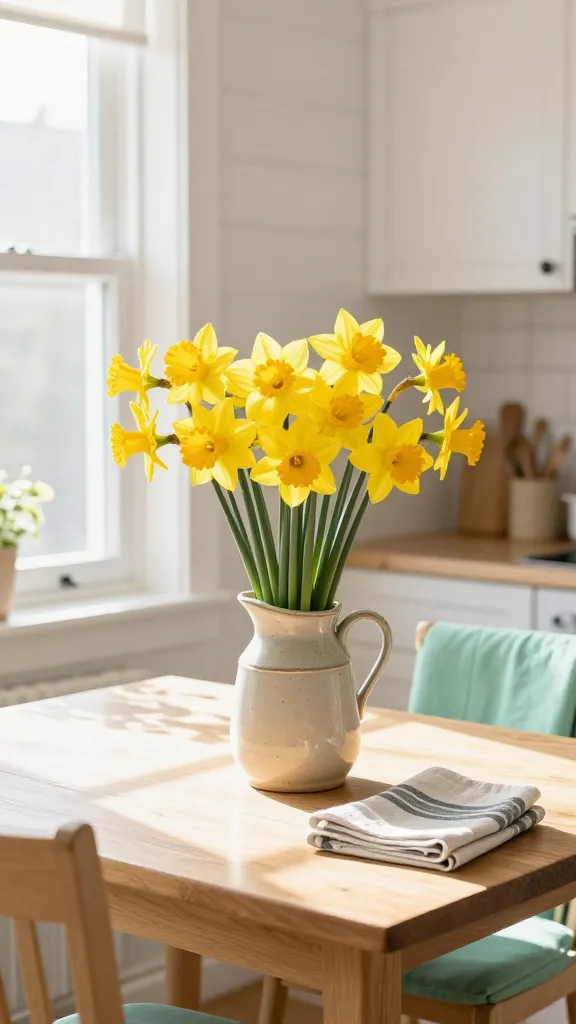 A high-angle, bright and airy professional photograph of a sunny breakfast nook within a kitchen. Golden morning sunlight streams in through a window, illuminating a vibrant arrangement of bright yellow daffodils standing tall and proud in a rustic ceramic pitcher. The pitcher is centered on a light wood farmhouse table. Crisp white shiplap walls form the background. Mint green seat cushions on the chairs and a small mint green throw draped over one chair add cheerful accents. A charming striped linen napkin is neatly folded on the table beside the arrangement. The scene radiates pure joy and a fresh early spring morning. Shot with a wide aperture for a beautiful shallow depth of field, focusing sharply on the daffodils. Realistic, high-quality, no text.