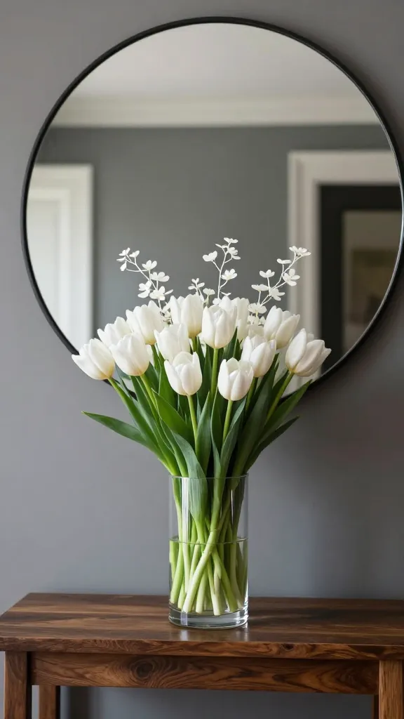 A sophisticated entryway featuring a striking floral arrangement of tall, sleek white tulips with minimal foliage, emphasizing their architectural lines, set in a clear glass cylinder vase. This elegant display rests on a dark wood console table against a muted gray wall. A large round mirror hangs directly above the console table, subtly reflecting the entryway and the tulip arrangement. The scene is bathed in soft, natural light, creating an elegant, welcoming, and understated atmosphere. High-resolution, realistic photograph, professional interior design photography, no text.