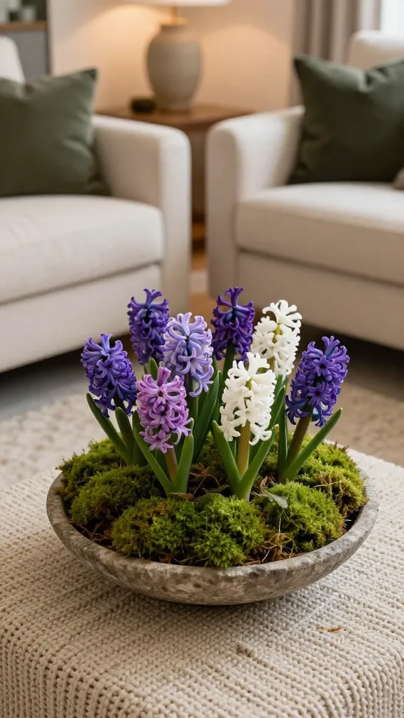 A high-quality, realistic photograph capturing a cozy living room scene. The central focus is a low, sprawling early spring flower arrangement: fragrant purple and white hyacinths are artfully nestled amongst lush, vibrant green moss within a shallow, wide stone bowl. This arrangement rests on a chunky knit coffee table. The room features soft, cream-colored linen sofas adorned with dark olive green throw pillows, all grounded by a plush, inviting wool rug. Soft, warm ambient lighting creates a comforting and relaxed atmosphere. No text.