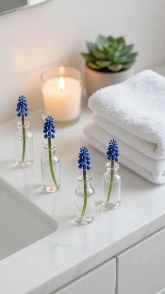 A high-angle, close-up shot focusing on a pristine white marble bathroom vanity. A collection of small, clear glass apothecary jars and miniature bud vases elegantly displays tiny, vibrant blue muscari (grape hyacinths), creating a delicate pop of color. To the side, a stack of fluffy white towels is neatly folded. A lit scented candle emits a soft, warm glow, and a small, green succulent in a minimalist pot adds a touch of natural life. The scene conveys a serene, tranquil spa-like atmosphere, bathed in soft, natural light, with exquisite detail and realistic textures. High-quality photography, no text.