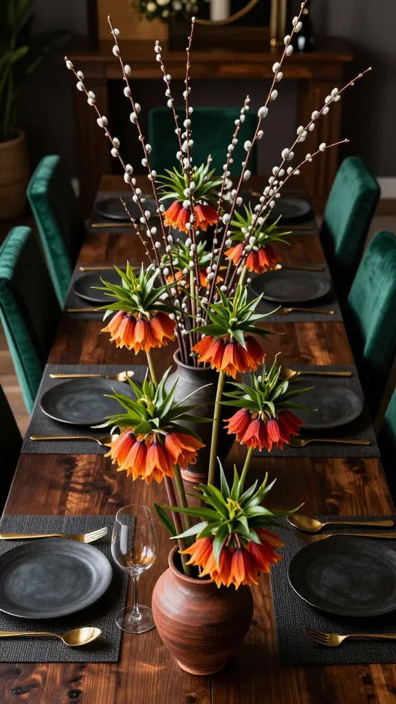 A high-angle, realistic professional photograph of a dramatic dining room set for an elegant early spring dinner party. A long, dark polished wood dining table is centered, featuring a striking centerpiece. The centerpiece showcases sculptural 'Crown Imperial' fritillaria with their unique bell-shaped, downward-facing flowers in vibrant oranges and reds, artfully arranged with tall, bare pussy willow branches, evoking wild, untamed beauty. This arrangement is set in a tall, dark terracotta vase with a refined, rustic texture. Sumptuous velvet dining chairs in a deep emerald green are positioned around the table. Each place setting features elegant gold flatware meticulously placed on dark, textured placemats. Soft, warm ambient lighting creates an inviting yet dramatic atmosphere, highlighting the textures and colors. High resolution, shallow depth of field, no text.