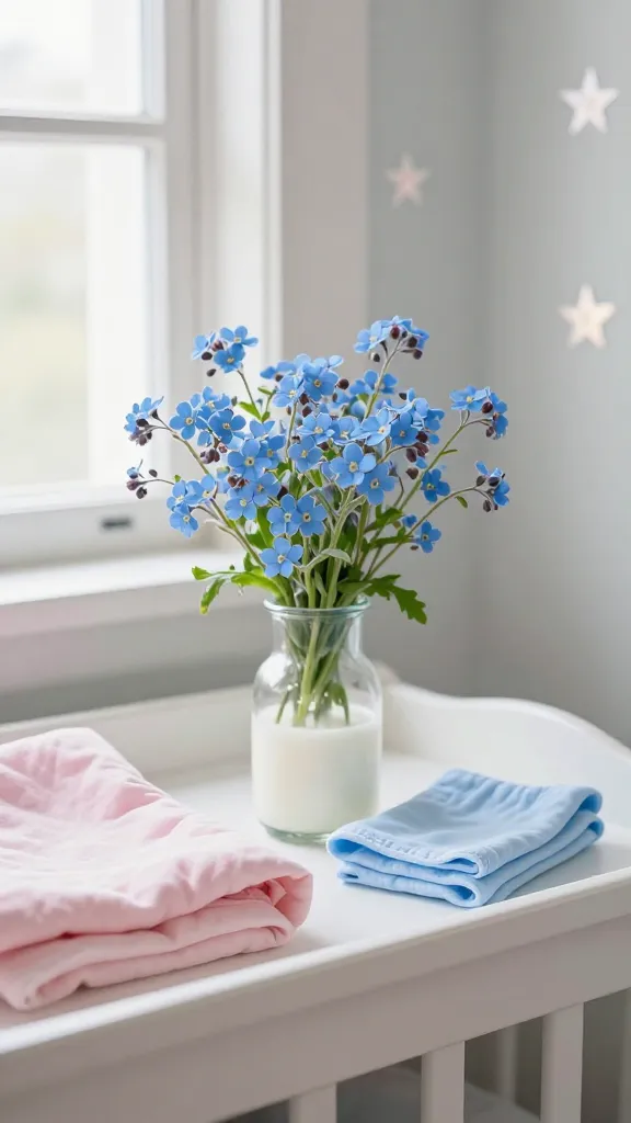 A high-resolution, realistic photograph of a whimsical nursery corner bathed in soft, natural light from a nearby window. On a pristine white changing table, a small, vintage milk glass vase holds a delicate, overflowing bouquet of tiny, vibrant blue forget-me-nots. Beside the vase, pastel-colored textiles are neatly folded, including a soft pink baby blanket and a gentle baby-blue burp cloth. Subtle, star-shaped wall decals in a light, pearlescent tone adorn the wall behind, adding to the innocent charm. The scene is captured with a shallow depth of field, focusing on the delicate flowers and vase, creating a sweet, ethereal atmosphere. No text.