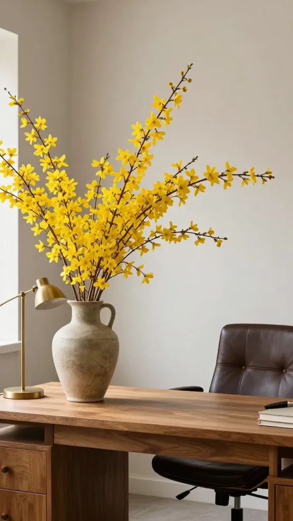 A rustic home office bathed in soft, early spring natural light. On a sturdy, solid wood desk, a simple, tall stoneware jug prominently displays long, arching forsythia branches, their vibrant yellow blossoms creating a striking silhouette against the bare branches. A comfortable, dark leather office chair is positioned next to the desk. Desk accessories are minimal, featuring a sleek brass desk lamp and a few essential, tidy items. The overall atmosphere is productive, serene, and infused with the fresh energy of spring. High-resolution, realistic photo, professional interior photography style, no text.