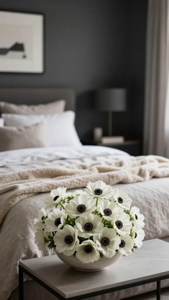 A high-quality, realistic interior photograph of a chic bedroom retreat. The focal point is a sophisticated arrangement of striking white anemones with dark centers, artfully placed in a low, wide ceramic bowl on a minimalist bedside table. The bedroom walls are painted a deep dark gray, providing a dramatic backdrop. The bed is invitingly made with a neutral linen duvet cover and a luxurious soft cashmere throw draped across it. Above the bed, a single, minimalist piece of art adds to the refined aesthetic. Soft, natural light illuminates the scene, highlighting the elegant contrast of the anemones and creating a peaceful, luxurious sanctuary.