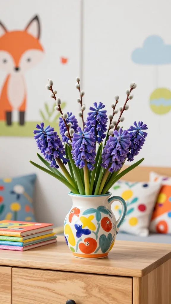 A high-quality, realistic photo of a playful early spring floral arrangement in a brightly lit kids' room. The arrangement features vibrant clusters of purple grape hyacinths intertwined with soft, fuzzy pussy willow branches, artfully displayed in a cheerful, multi-colored ceramic vase with a whimsical pattern. The vase sits on a sturdy, light-toned wooden dresser. In the background, a wall is adorned with playful animal-themed wall art, such as a stylized fox. Bright primary-colored accents, like a stack of colorful children's books, are visible on the dresser. Patterned throw pillows with fun, kid-friendly designs are subtly visible in the soft-focus background, adding to the room's joyful and whimsical atmosphere. Natural light illuminates the scene, highlighting the textures of the flowers and the room's vibrant details. No text on image.