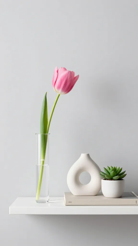 A modern minimalist shelfie featuring a single, perfect, vibrant pink tulip elegantly displayed in a sleek, narrow clear glass test tube vase. The vase is positioned on a crisp white floating shelf. Alongside it, a small, smooth white abstract ceramic sculpture adds an artistic touch, and a neutral-toned hardcover coffee table book lies horizontally beneath it. A tiny green succulent in a simple white ceramic pot completes the curated display. Abundant negative space surrounds each item, emphasizing clean lines and a serene aesthetic. The lighting is soft, bright, and natural, highlighting the textures and forms. Shot as a high-quality, realistic photograph with a shallow depth of field against a plain, light grey wall. No text.