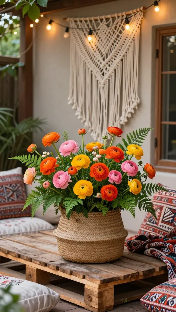 A professional, high-resolution photograph capturing a bohemian patio corner bathed in warm, soft early evening light. The focal point is a large, rustic woven basket overflowing with vibrant, ruffled ranunculus in shades of fiery orange, soft pink, and sunny yellow, interspersed with lush, delicate green ferns. This beautiful floral arrangement rests on a low, weathered wooden pallet table. Surrounding the table are an assortment of plush, patterned floor cushions in earthy tones. In the background, a detailed macrame wall hanging drapes gracefully, and warm, glowing string lights are subtly strung above, creating an inviting ambiance. A cozy, intricately patterned throw blanket is artfully draped over one of the cushions, suggesting comfort. The overall scene evokes a free-spirited, relaxed, and lush outdoor sanctuary. No text.