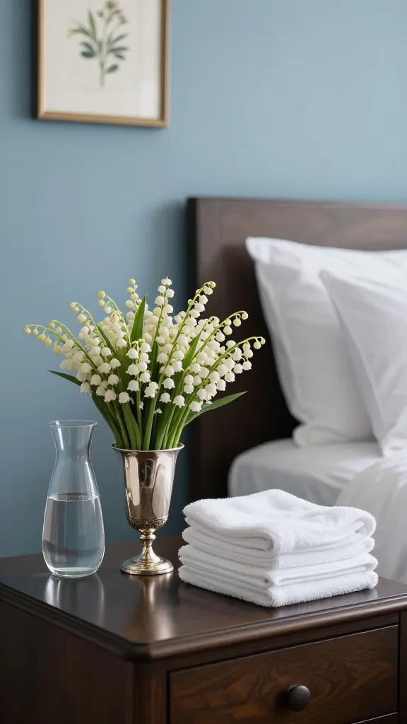 A professional, high-resolution photograph capturing a sophisticated guest bedroom interior. The focal point is a meticulously styled bedside table, showcasing a delicate arrangement of fresh lilies of the valley presented in a small, ornate silver julep cup. Adjacent to the floral arrangement, a neatly folded stack of crisp white towels and a small, elegant glass carafe of water are thoughtfully placed. In the background, a bed with pristine white bedding is visible, set against a soft blue accent wall. A subtle, small framed botanical print adorns the wall above the table. Soft, ambient natural light illuminates the scene, emphasizing a sense of tranquility and thoughtful hospitality. Realistic, no text.