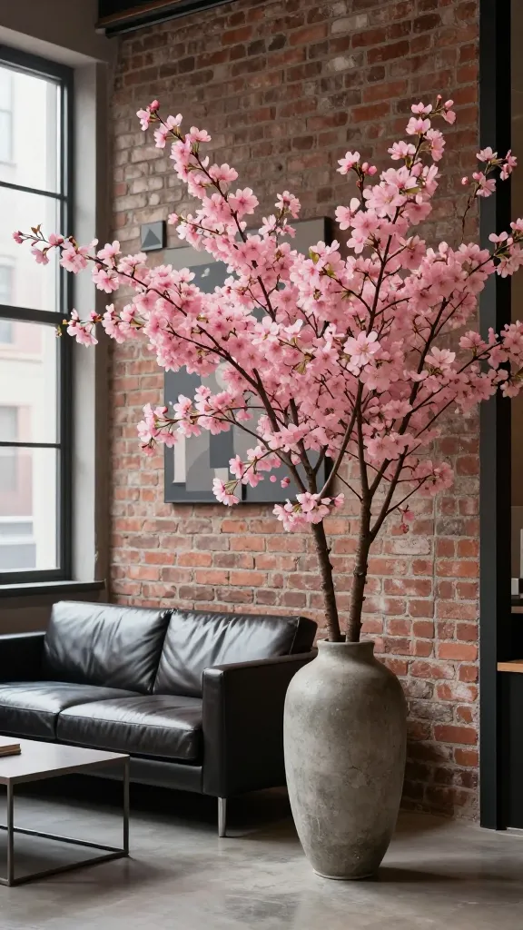 A high-quality, realistic, professional photograph capturing a modern urban loft interior. In the foreground, a tall, industrial-chic concrete floor vase prominently displays several long, architectural branches of delicate pink cherry blossoms, their ephemeral beauty a striking contrast against the backdrop. The vase is positioned in front of a textured exposed brick wall. To the left, a sleek, dark leather sofa with clean lines invites seating, accompanied by a minimalist metal coffee table in front of it. On the brick wall, subtle geometric art prints are meticulously arranged. Soft, diffused natural light from a nearby large window illuminates the scene, enhancing the vibrant pink of the blossoms and highlighting the textures of the brick, leather, and concrete. The composition emphasizes the elegant juxtaposition of fragile nature with robust industrial design. No text.