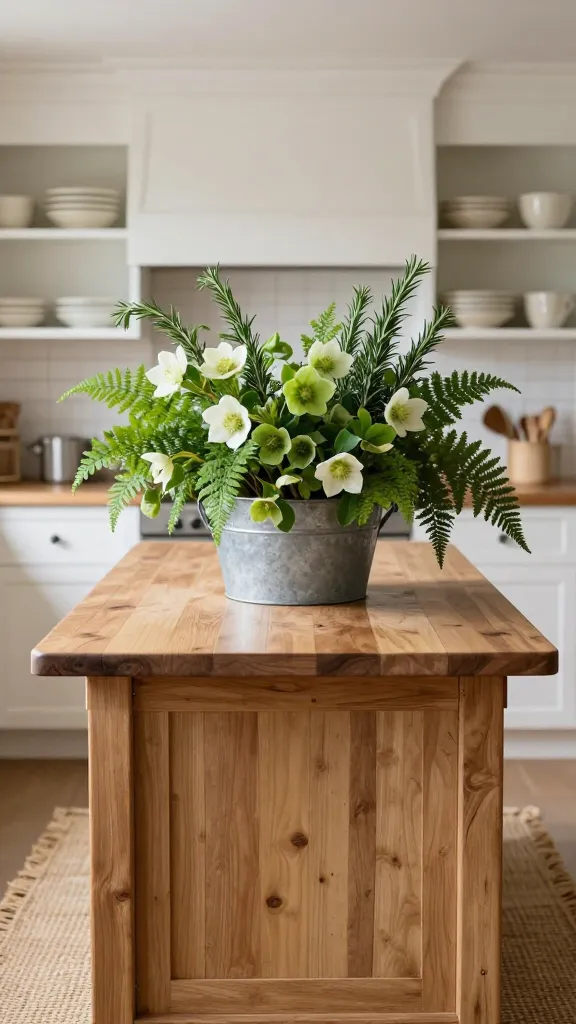 A high-quality, realistic photograph capturing a charming farmhouse kitchen island bathed in soft, natural light. Centered on the warm, natural grain of a butcher block kitchen island, a large, rustic galvanized metal bucket overflows with a lush, abundant arrangement of fresh spring greens: delicate white and soft green hellebores, various vibrant ferns, and aromatic sprigs of rosemary. The arrangement feels organic and slightly wild, bringing a garden-fresh feel indoors. Surrounding the island are classic white shaker cabinets and open shelving above, neatly displaying a collection of cream-colored ceramic dishes. A textured, natural-fiber woven kitchen runner lies on the floor, adding warmth and comfort to the inviting space. No text.