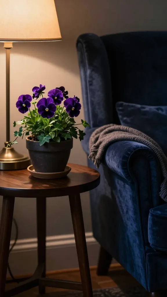 A moody and intimate reading nook in a cozy corner. A plush navy blue velvet armchair is positioned beside a small, round dark wood side table. On the table, a professional early spring flower arrangement features a small, dark ceramic pot filled with rich, deep purple pansies and a few sprigs of dark green ivy. A warm reading lamp casts a soft, inviting glow over the scene. A soft, textured throw blanket is draped over the armchair, enhancing the comfort. The overall atmosphere is quiet, charming, and deeply inviting, with rich, dark hues dominating the color palette. High-quality, realistic photo, no text.