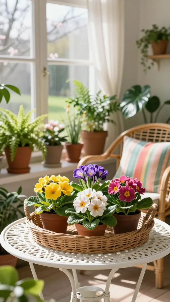 A bright, sun-drenched sunroom in early spring, filled with natural light. In the foreground, a white-painted wrought iron bistro table prominently displays a large, shallow, natural wicker tray. Inside this tray, several small pots of colorful primroses and crocuses are artfully grouped, showcasing a vibrant mix of yellow, pink, purple, and white blooms. Sunlight streams through airy, sheer white curtains framing large windows that reveal a hint of a budding garden outside. Around the table and throughout the sunroom, numerous lush green plants of varying sizes and leaf types (such as ferns, philodendrons, and small palms) are arranged in terracotta and ceramic pots, creating a vibrant indoor garden ambiance. A comfortable rattan chair with a cheerful striped outdoor cushion is visible in the background, inviting relaxation. The image is a high-quality, realistic photograph with a shallow depth of field, focusing sharply on the intricate flower arrangement while maintaining a soft, inviting atmosphere.