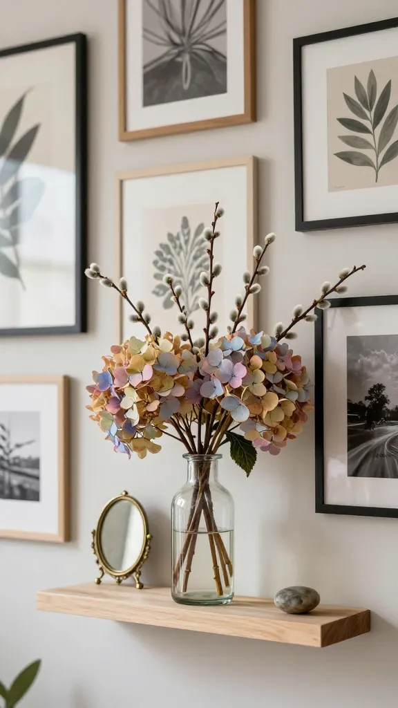 A high-resolution, ultra-realistic photograph of an eclectic gallery wall. The central focus is a small, artfully arranged bouquet of faded pastel dried hydrangea blooms intertwined with delicate, fresh pussy willow branches. This arrangement is held in a clear vintage glass bottle, resting on a narrow, light-colored floating wooden shelf. The shelf is seamlessly integrated into a densely packed gallery wall on a neutral-toned wall, featuring a diverse collection of framed art prints (including abstract and botanical motifs), black and white photographs, and small curios like a tiny antique brass mirror and a polished river stone. Soft, natural light from a nearby window illuminates the scene, highlighting the textural contrast between the dried hydrangeas and the fluffy pussy willow catkins. The overall aesthetic is sophisticated, artistic, and blends timeless beauty with early spring freshness. Sharp focus on the floral arrangement, no text.