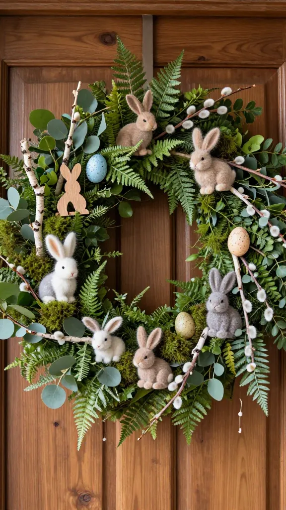 A high-resolution, professional studio photograph of a whimsical Easter door garland. The lush base is crafted from realistic faux moss and varied natural green foliage, including eucalyptus, ferns, and ivy. Several small, fluffy felt bunnies, some subtly peeking out and others nestled comfortably, are interspersed throughout the greenery alongside a few rustic wooden bunny cutouts. Delicate miniature birch branches with visible bark texture and soft pussy willow stems are artfully woven into the garland. A few subtly placed, speckled faux eggs in natural tones (e.g., robin's egg blue or light brown) add a touch of spring. The garland is beautifully draped against a soft-focus, rustic wooden door background, showcasing its intricate details and rich textures. Soft, diffused natural light illuminates the scene, creating a warm, inviting, and storybook-like atmosphere. Shallow depth of field. No text.
