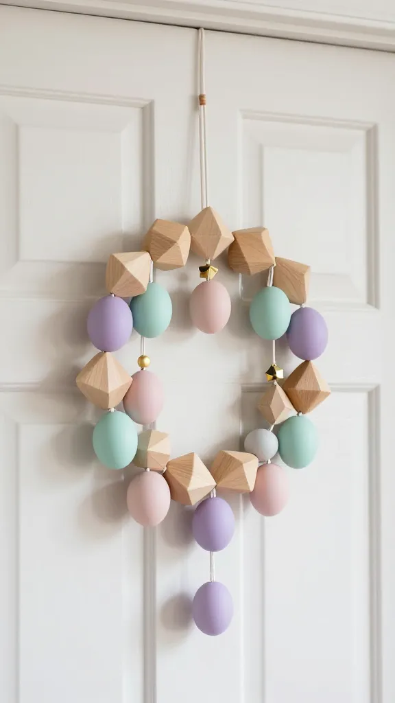 A high-quality, realistic photograph of a modern geometric Easter door garland, elegantly hung on a clean, light-colored minimalist front door. The garland features a sophisticated arrangement of geometric wooden beads, some in natural light wood tones and others painted in matte pastel hues like mint, blush, and lavender. Interspersed among the beads are small, matte pastel eggs in matching mint, blush, and lavender shades. The elements are strung together with thin white twine or delicate leather cord. A few delicate gold geometric charms are strategically placed, adding a subtle touch of modern elegance. The scene is bathed in soft, natural daylight, highlighting the textures and pastel colors. The focus is sharp on the garland, showcasing its clean lines, soft textures, and contemporary design, with a gentle blur on the background door. The overall impression is minimalist chic, refined, and understated.