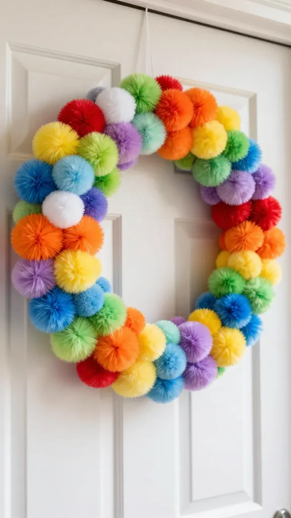 A vibrant, fluffy DIY Easter door garland made from soft, diverse-sized pom-poms, bursting with a full spectrum of rainbow colors including vivid reds, oranges, yellows, greens, blues, indigos, and violets, thoughtfully balanced with crisp white and subtle light grey pom-poms. This playful and cheerful garland is artfully draped across a clean, light-colored front door, creating an inviting and mood-boosting display. Captured in a high-quality, realistic, brightly lit photograph with a slightly elevated angle. The focus is sharp on the intricate details and soft textures of the pom-poms, with a gentle, out-of-focus background. No text on the image.