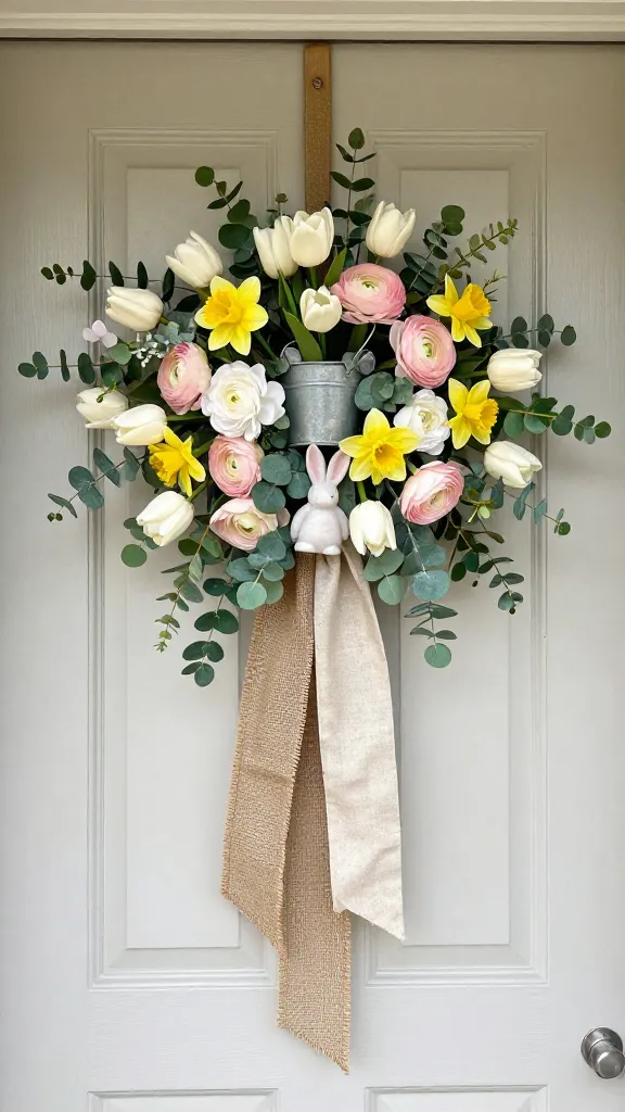 A high-resolution, realistic photograph of an elegant farmhouse floral Easter door swag. The swag is artfully arranged, featuring a base of natural burlap ribbon and soft linen fabric strips. It is generously adorned with high-quality faux spring blooms: creamy white tulips, vibrant yellow daffodils, and delicate pink ranunculus, all interspersed with lush eucalyptus greenery. Small, shiny galvanized metal mini buckets and charming bunny accents are subtly integrated into the design. The swag is prominently displayed on a light-colored, rustic farmhouse-style front door, captured in soft, natural daylight that emphasizes the textures and welcoming aesthetic. No text.