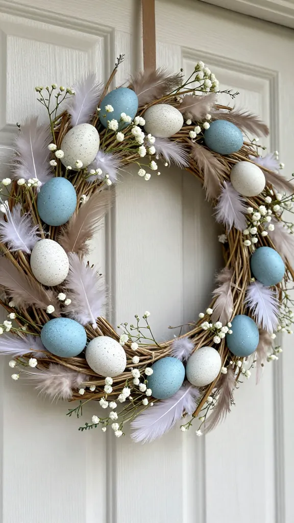 A close-up, high-angle, realistic, high-quality photograph of a delicate DIY Easter door garland. The garland is handcrafted from thin natural jute twine, adorned with perfectly speckled faux robin's eggs in a soft, muted blue, interspersed with soft white and natural-colored downy feathers. Tiny sprigs of fresh baby's breath and delicate, wispy greenery are subtly woven throughout. The garland is elegantly draped on a light-colored wooden front door, catching soft, diffused natural daylight. The focus is sharp on the intricate details of the eggs, feathers, and greenery, highlighting their texture and the serene, understated elegance of the spring design.