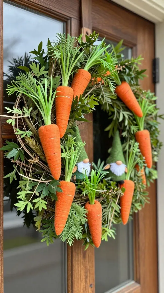 A vibrant, close-up, eye-level shot of a charming DIY Easter door garland, bursting with a "Carrot Patch Delight" theme. The garland features a lush base of interwoven natural-looking greenery and rustic brown twine. Abundant miniature faux carrots, crafted from textured fabric and painted wood in varying shades of orange, are playfully nestled throughout. Each carrot boasts realistic, wispy green raffia and delicate green tinsel tops. Two tiny, whimsical garden gnomes, made of felt and wood, are subtly peeking out from behind the carrots and greenery. The garland is perfectly hung on a rustic, weathered wooden front door, slightly ajar, bathed in bright, natural daylight. The photo has a shallow depth of field, sharp focus on the garland, and a soft, inviting background, conveying a cheerful, handcrafted, and high-quality aesthetic. No text on image.