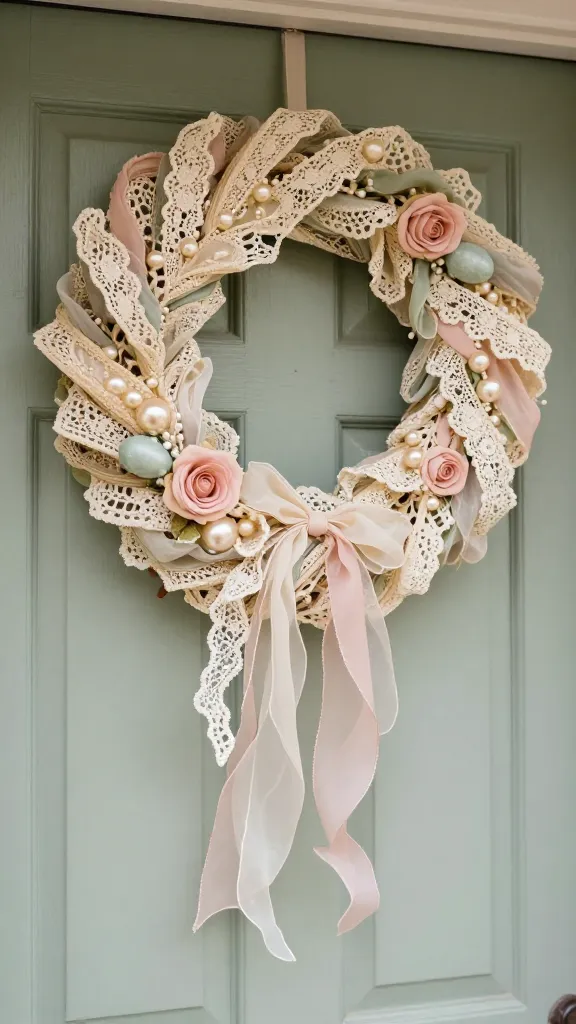 A stunning, handcrafted Easter door garland in a shabby chic, romantic vintage style. The garland is intricately fashioned from delicate strips of aged, cream-colored vintage lace and small, intricate crochet doilies. Shimmering faux pearls of various sizes are elegantly integrated, some strung, others individually glued to the lace and doilies, catching soft, diffused natural light. Soft chiffon and tulle ribbons in gentle pastel shades of blush pink, creamy ivory, and a hint of mint green are intertwined, creating an ethereal, flowing texture. A few delicate, handmade fabric roses in matching pastel tones are strategically placed throughout the garland. It is artfully draped over the top and sides of a weathered, pale pastel green wooden front door, suggesting a charming, vintage-inspired home entrance. The scene is bathed in soft, diffused natural light, highlighting the textures and subtle shimmer. High-resolution, professional studio photography, shallow depth of field, warm color palette, bokeh, no text.