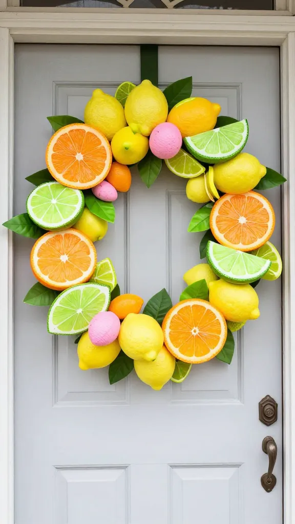 A realistic, high-quality photograph of a vibrant and cheerful Easter door garland, bursting with a bold citrus theme. The garland is meticulously crafted with faux elements resembling bright yellow lemons, vivid orange slices, energetic lime green wedges, and playful abstract citrus-inspired shapes, all accented with a delicate touch of cheerful pink. It is artfully draped across a clean, light-colored front door, possibly a crisp white or light gray, allowing its zesty and refreshing colors to truly pop and make a striking statement. The scene is bathed in bright, natural daylight, enhancing the textures and brilliant hues of the garland, creating an energetic and inviting entryway. No text on image.