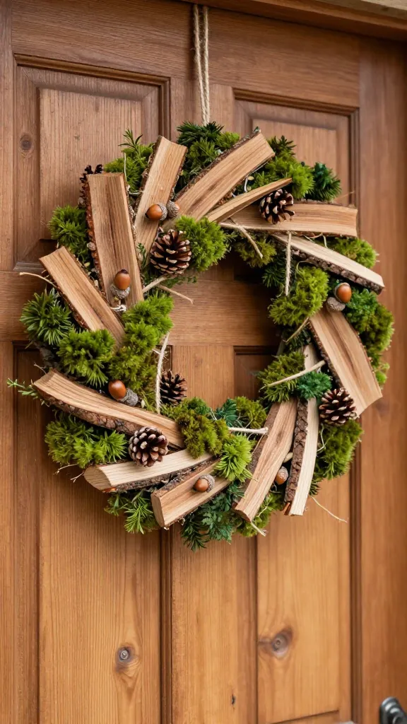 A high-quality, realistic photograph of a handcrafted rustic Easter door garland, prominently displayed on a weathered, natural wood door. The garland is intricately composed of thin, natural wood slices, varying in size and shape to highlight their unique grain, interspersed with generous, vibrant clumps of verdant preserved moss. Small, natural pinecones and miniature acorns are subtly integrated throughout the design, all strung together on robust jute twine, creating an organic and earthy flow. The door has a warm, inviting tone, suggesting a cabin or farmhouse aesthetic. Soft, natural daylight illuminates the scene, emphasizing the rich textures and natural beauty of each element. Shallow depth of field, with the garland in sharp focus. No text.