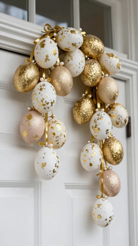 A highly detailed, realistic photograph of a luxurious Easter door garland, elegantly draped across the top frame of a classic white front door. The garland is composed of numerous faux eggs in soft white, cream, and blush tones. Each egg is meticulously adorned with shimmering gold leaf flakes, fine gold glitter, and subtle metallic accents, with a few delicate pearl beads and tiny rhinestones strategically placed to catch the light. The eggs are strung together on a thin, glistening gold ribbon or metallic cord. Soft, natural daylight illuminates the garland, emphasizing its opulent sparkle and sophisticated textures. The background shows a subtly blurred, elegant entryway, focusing sharply on the intricate details of the gilded eggs. High resolution, professional photography, no text.