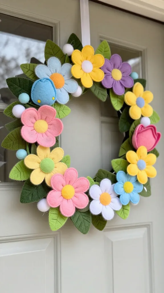 A charming, handmade felt flower Easter door garland, rich with assorted felt flowers like daisies, tulips, and simple blooms in a vibrant riot of spring colors (pinks, yellows, blues, purples, greens), is beautifully draped across a light-colored front door. Interspersed among the colorful blossoms are various shades of green felt leaves and playful white felt balls, all strung together on a delicate white ribbon. The sunlight gently illuminates the soft, tactile textures of the felt, emphasizing its cozy, crafty appeal. The image is a close-up, high-quality, realistic photograph with a shallow depth of field, hinting at a welcoming porch setting in the soft-focus background.