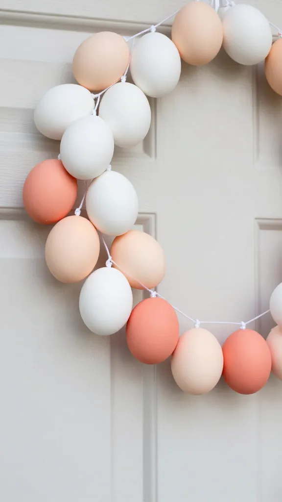 A high-resolution, realistic close-up photograph of a stunning DIY Easter door garland. The garland is made from numerous smooth, painted eggs strung together on simple white twine. The eggs showcase a beautiful ombre gradient, transitioning seamlessly from almost white at one end, through delicate light blush, then soft peach, and finally deepening into a rich coral hue at the other end. The garland is artfully draped against a clean, modern, light-colored door, emphasizing its chic and sophisticated design. Soft, natural daylight illuminates the scene, highlighting the subtle color transitions and the smooth texture of the eggs. The image conveys a modern, artistic, and inviting home decor aesthetic. No text.