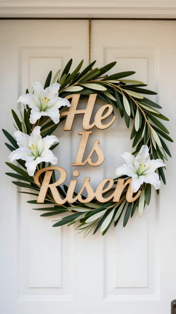 A high-quality, realistic photograph of an elegant Easter door garland, prominently displayed on a classic white front door. The garland features natural wooden letter cutouts, subtly distressed, spelling out "He Is Risen". These letters are artfully intertwined with delicate, simple white fabric lilies and sprigs of fresh, vibrant olive branches. The entire arrangement is strung together on a natural jute cord, which is gracefully draped across the door. Soft, warm natural light illuminates the garland, highlighting the textures of the wood, fabric, and leaves, creating a reverent and welcoming display. The background door is slightly out of focus, emphasizing the intricate details of the garland.
