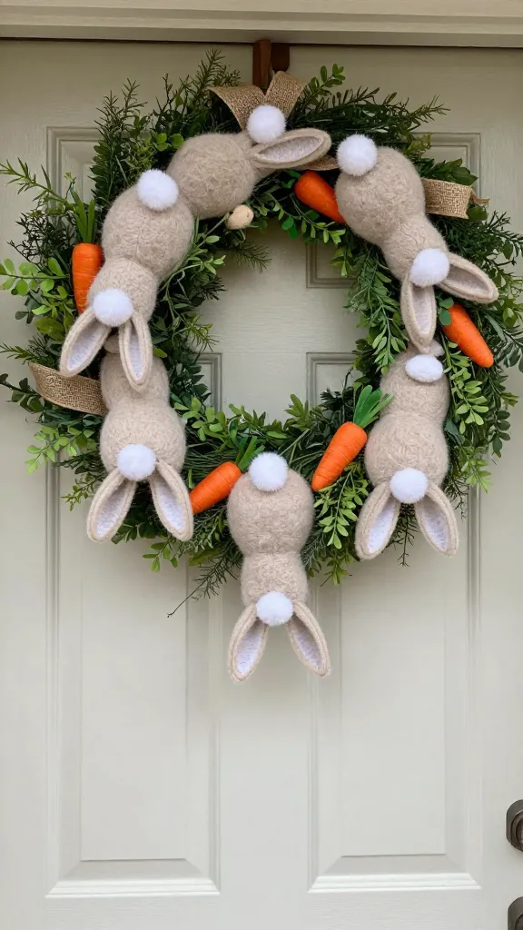 A whimsical and charming Easter door garland featuring several fluffy bunny bottoms crafted from felt cutouts, each with a small, white cotton pom-pom tail, playfully arranged as if "diving" into a lush base of mixed artificial greenery and rustic burlap ribbon. Small, bright orange faux carrots are subtly tucked in amongst the foliage next to some of the bunny butts. The garland is gracefully draped across the top and down the sides of a classic, light-colored front door with subtle paneling details. Shot in soft, natural daylight, emphasizing texture and creating a joyful, high-quality, realistic photograph. No text.