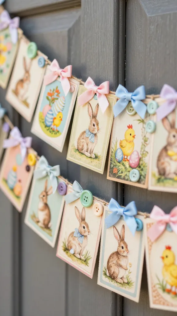 A close-up, high-resolution photograph capturing a segment of a charming DIY Easter door garland. The garland is intricately crafted from a series of rectangular vintage Easter postcard images, printed on slightly textured cardstock with gently faded, nostalgic pastel colors, depicting classic illustrations of bunnies, chicks, and decorated eggs. These postcard elements are interspersed with an assortment of colorful buttons of various sizes and shades, ranging from soft pastels like mint green, baby blue, and pale yellow to richer, muted jewel tones, all meticulously strung along natural jute twine or a thin, cream-colored satin ribbon. Small, delicate fabric bows in coordinating pastel hues (e.g., pale pink, light blue, lavender) are tied at intervals, adding a touch of softness and cohesion. The garland is artfully draped against a subtly blurred, rustic wooden door, allowing the intricate details, textures, and nostalgic appeal of the craftsmanship to be the focal point. Soft, bright natural light illuminates the scene, creating gentle shadows and highlighting the tactile qualities of the paper, fabric, and buttons. Shallow depth of field, sharp focus on the garland. No text on image.