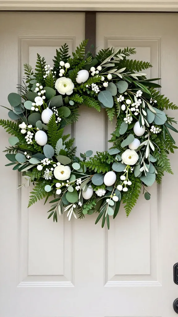 A realistic, high-quality photograph showcasing an elegant DIY Easter door garland. The garland features a fresh, clean, and sophisticated aesthetic, primarily composed of a harmonious blend of light green, sage green, and forest green foliage, such as varied eucalyptus, olive branches, and delicate ferns. Interspersed throughout are crisp white elements, including small white flowers like ranunculus and sprigs of white berries. Subtle, understated white decorative Easter eggs are nestled discreetly within the greenery, hinting at the holiday. The garland is beautifully draped around a classic, neutral-colored front door, bathed in soft, natural daylight, emphasizing its timeless simplicity and natural textures. Sharp focus on the garland. No text.