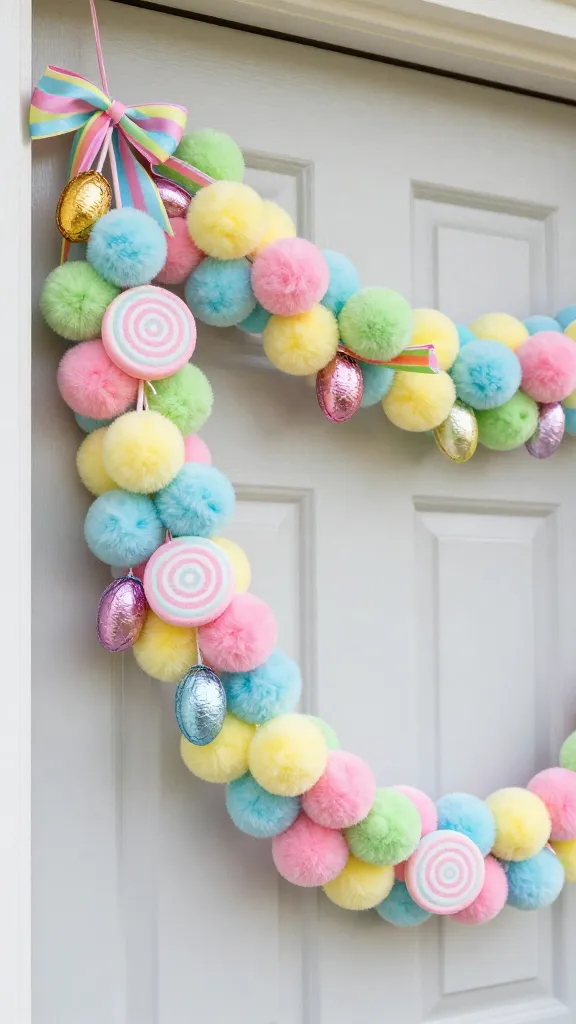 A high-resolution, realistic photograph showcasing a delightful, candy-coated Easter door garland. The garland features an array of elements strung along a vibrant, multi-pastel striped ribbon. Prominently displayed are clusters of soft, colorful pom-poms in pastel shades of pink, yellow, blue, and green, mimicking jelly beans. Interspersed are small, shiny faux chocolate eggs wrapped in shimmering silver, gold, and pastel-colored foils. Handcrafted pastel swirl lollipops, made from felt or cardstock with visible swirl patterns in soft complementary colors, add a whimsical touch. The garland is artfully draped against a clean, light-colored front door, illuminated by bright, natural daylight that highlights the textures and vibrant colors. The overall impression is playful, sweet, and inviting. No text.