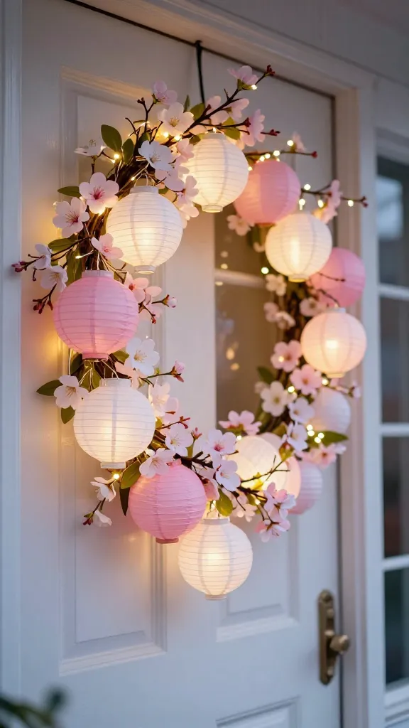 A breathtaking, high-resolution close-up photograph of a DIY Easter door garland, elegantly draped around the frame of a classic white or light pastel front door. The garland is intricately crafted from a delicate array of mini white and soft pastel pink paper lanterns, interspersed with realistic faux cherry blossoms and dogwood branches. Thin, warm white LED string lights are subtly woven throughout, casting an ethereal, soft glow that highlights the intricate details of the blossoms and lanterns. The scene is captured at dusk, with the ambient light gently fading, making the garland's magical luminescence truly stand out. The background shows a hint of a welcoming porch or entryway, softly blurred. The overall impression is one of enchanting beauty, romance, and a serene, welcoming atmosphere. Professional photography, shallow depth of field, soft focus, no text.